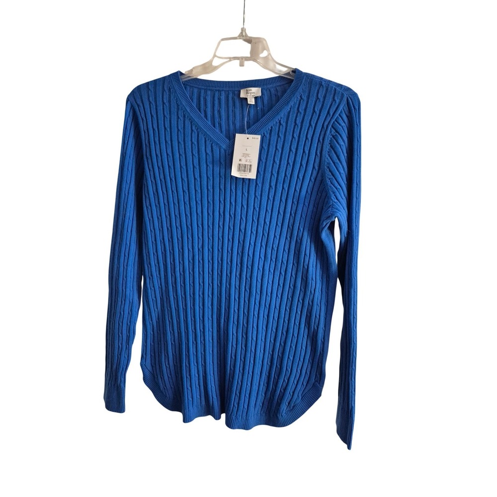 Kim Rogers‎ Sweater Women Large Blue Cable Knit V-Neck Long Sleeve NWT
